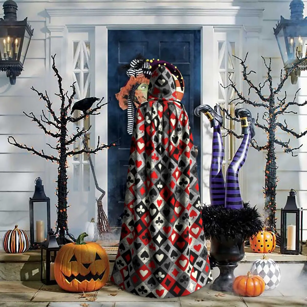 الآس من الماس أوراق اللعب قلوب البستوني طويل مقنعين عباءة الساحرة القرون الوسطى زي تأثيري كيب HalloweenParty الكبار للجنسين #5