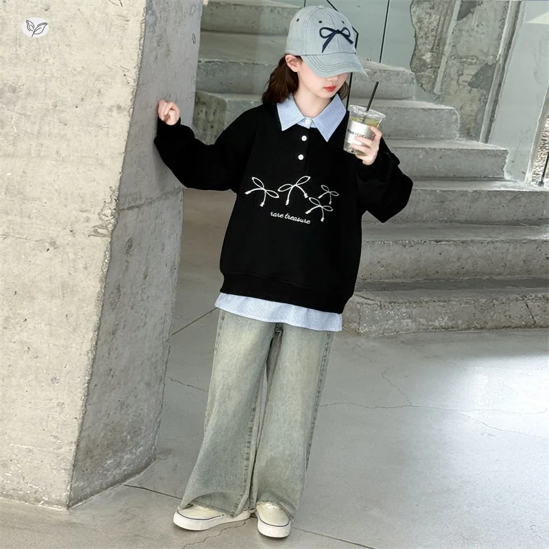 Teenager Girls Sweatshirts Autumn Striated Lapel Patchwork Pullover Children Clothes Casual Kids Bow Fake Two Pieces Tops