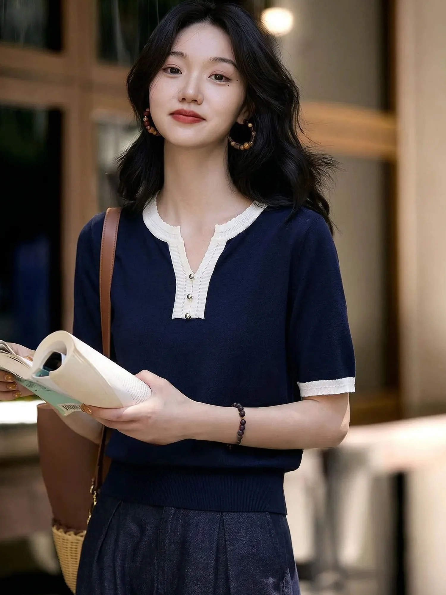 Chivirin Fashion Simple Style Short Sleeve Knitted Women's T-shirt Loose Casual Slimming Summer New Arrival Versatile Top