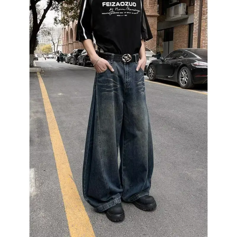 

Retro American Washed Denim Jeans Men's Spring Autumn High Waist Cleanfit Straight Wide Leg Floor-Length Pants