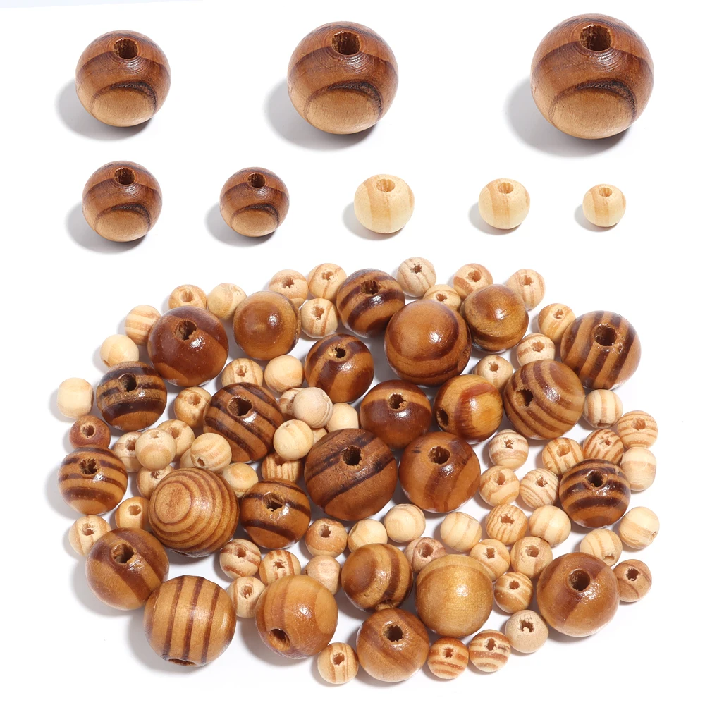 20-300pcs/lot 6-20mm Natural Pine Wooden Beads Round Stripe Wood Beads Loose Spacer Beads For Jewelry Making DIY Accessories