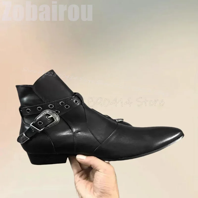 

Metal Buckle Decor Black Pointed Toe Chelsea Boots Fashion Slip On Men Boots Luxury Handmade Party Feast Office Men Dress Shoes
