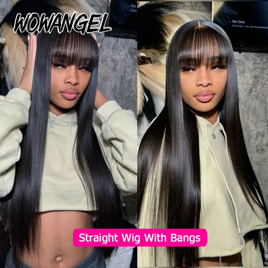 WOWANGEL Bone Straight Wig With Bangs 13x6 HD Парик из натуральных волос на кружеве спереди Бразильский Vrigin Skinlike HD Кружевные фронтальные парики для женщин