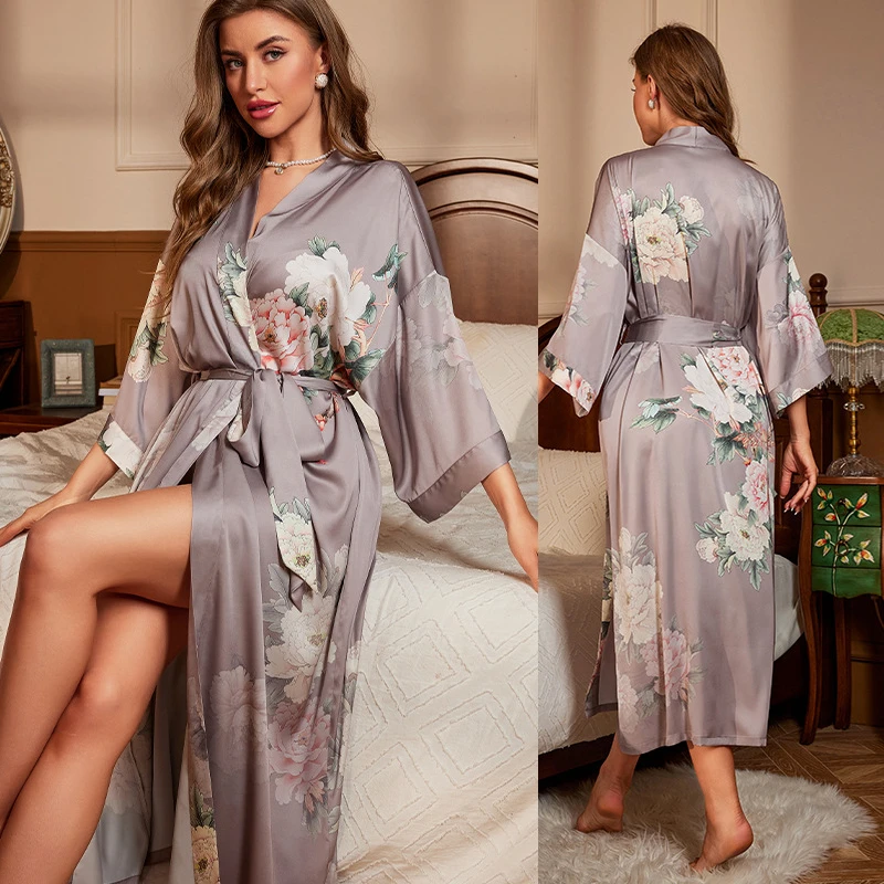 

Female Long Robe Dressing Gown Nightgown Spring Summer New Kimono Bathrobe Printing Sleepwear Loose Silky Lounge Home Wear