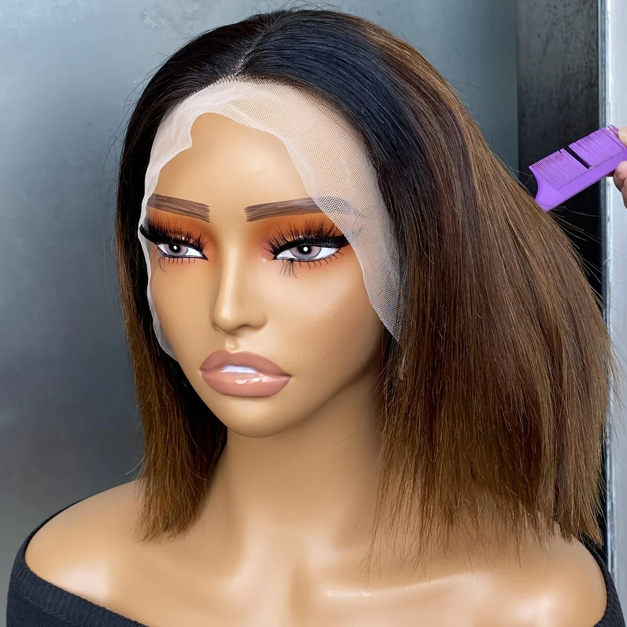 Ombre  Brown Colored 13x4 Lace Frontal Wig Human Hair Wig Remy Bone Straight Short Bob Wig For Black Women