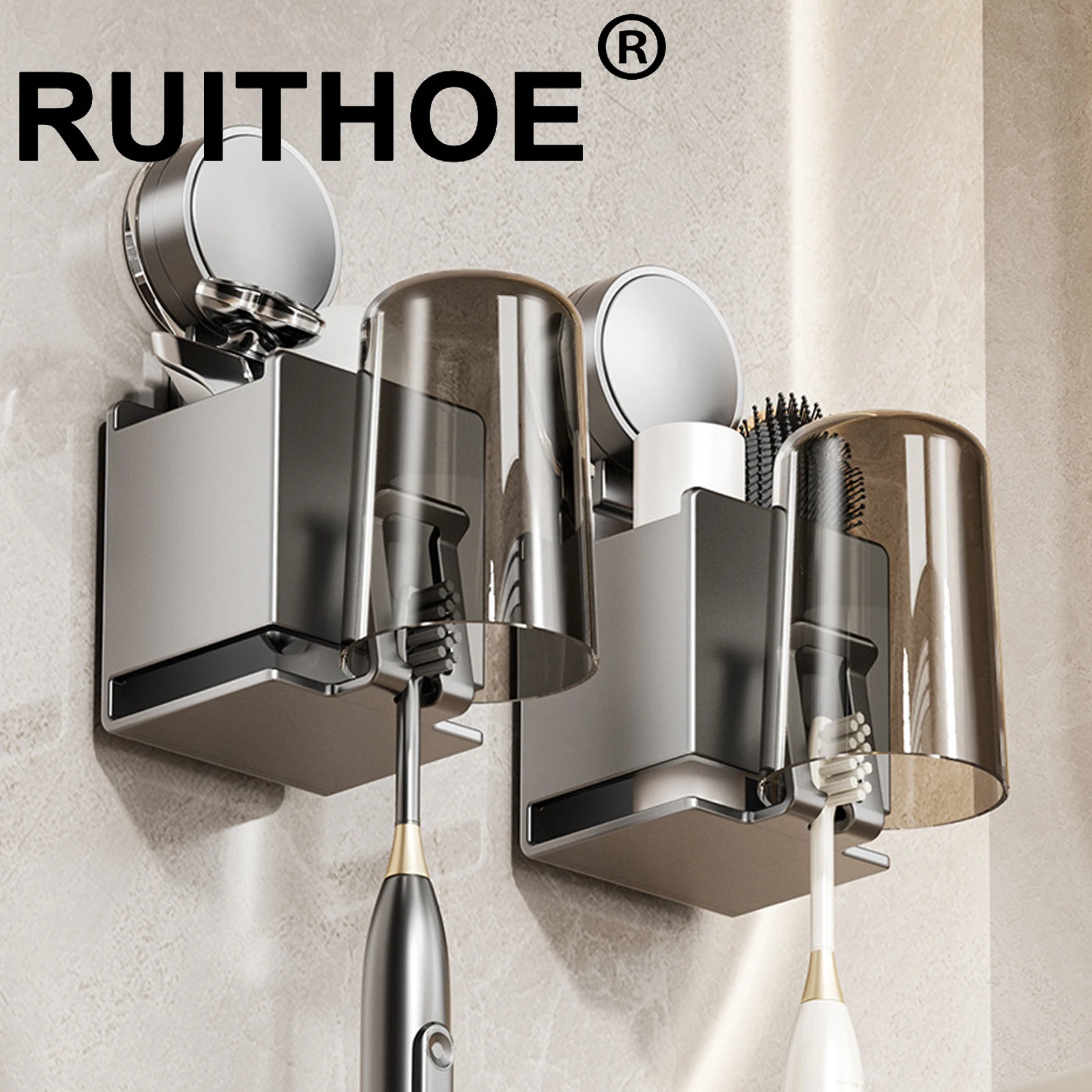 Metal Toothbrush Rack Multi-Function Toothbrush Holder Punch-Free Toothpaste Holder Wall-Mounted Bathroom Storage Box White