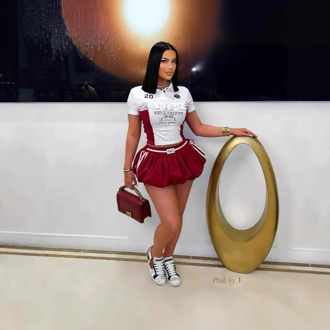 

Лето 2025 года, кружевной топ на пуговицах с буквенным принтом, пышная мини-юбка длиной до талии, женский костюм