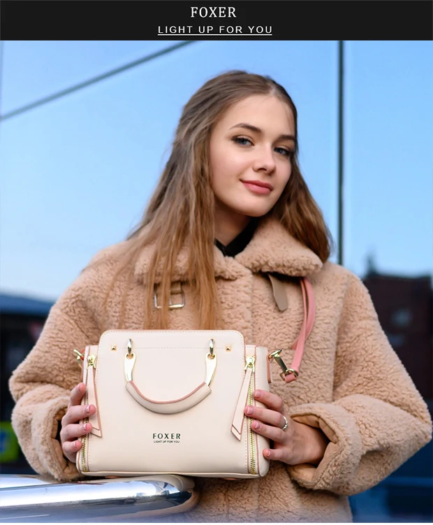 FOXER Split Leather Shoulder Bag Women Top Handle Handbag Female Large Capacity Tote Bag Simple Luxury Crossbody Purse