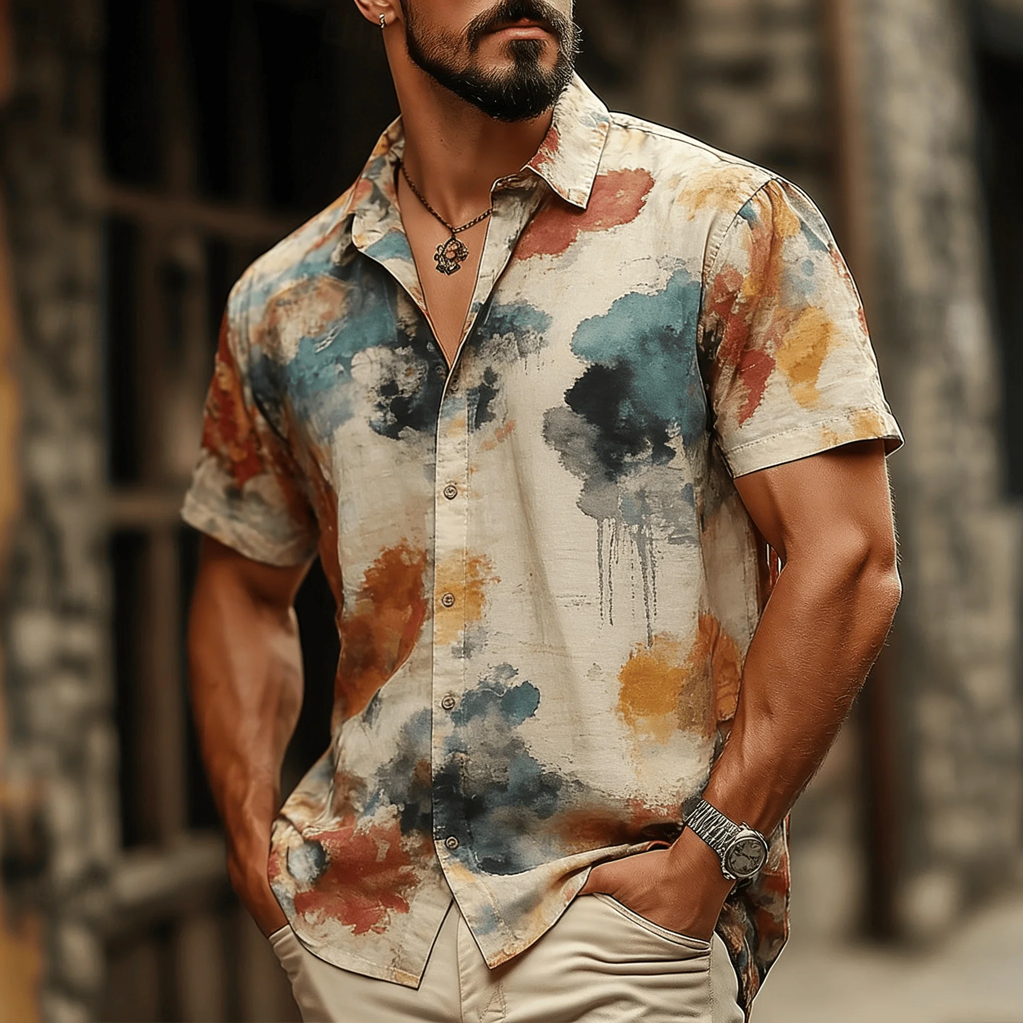 Men's Retro Geometric Maze Color Block Short Sleeve Shirt, Spring Summer Modern Retro Casual Top, Pocket Lapel Style