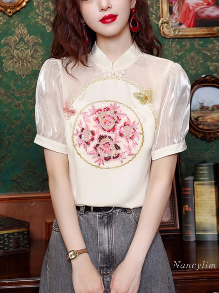 

Short-Sleeved Chiffon Blouse Women's Summer Clothing 2024 New Elegant Top High-End Sequins Embroidery Puff Sleeve Shirt Blusas