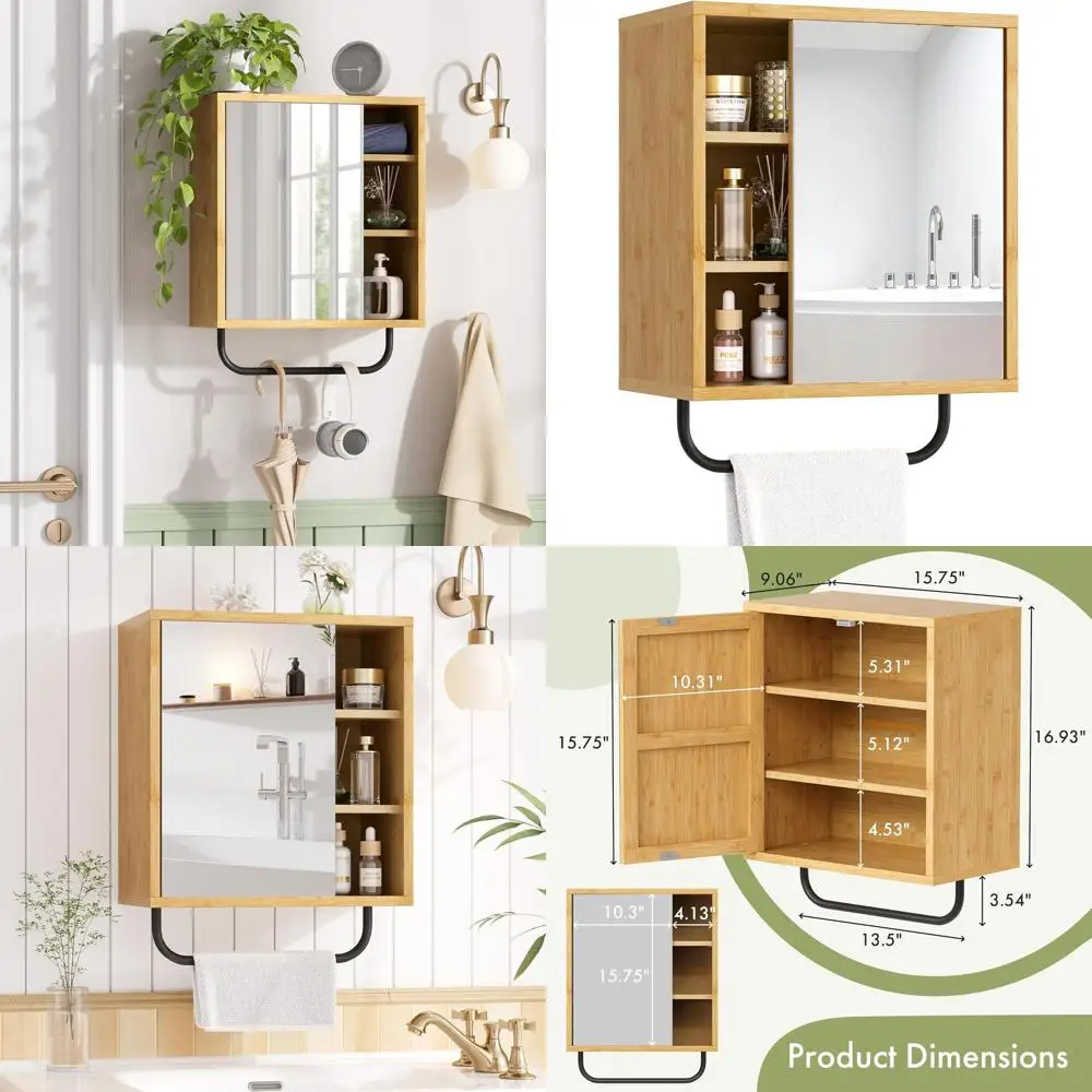 

Аптечка для ванной комнаты с зеркалом, бамбуковый аптечка, настенный, для хранения над унитазом с вешалкой для полотенец для ванной комнаты