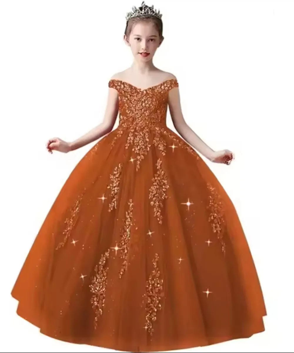 

Elegant Off Shoulder Flower Girl Dresses For Weddings Applique Tiered Ball Gown Princess Birthday Party Kids Communion Gown