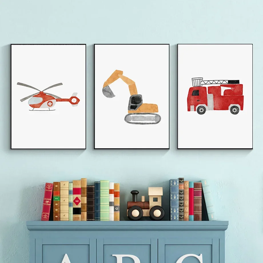 Nursery Wall Art Children's Prints Cartoon Car Ambulance Helicopter Fire Truck Poster For Kids Room Baby Decor Canvas Painting