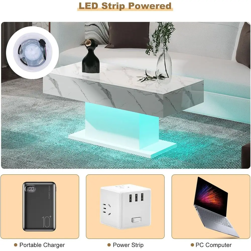 Modern Rectangular LED Coffee Table with 16 Color Options for Living & Dining Rooms, White Marble Top