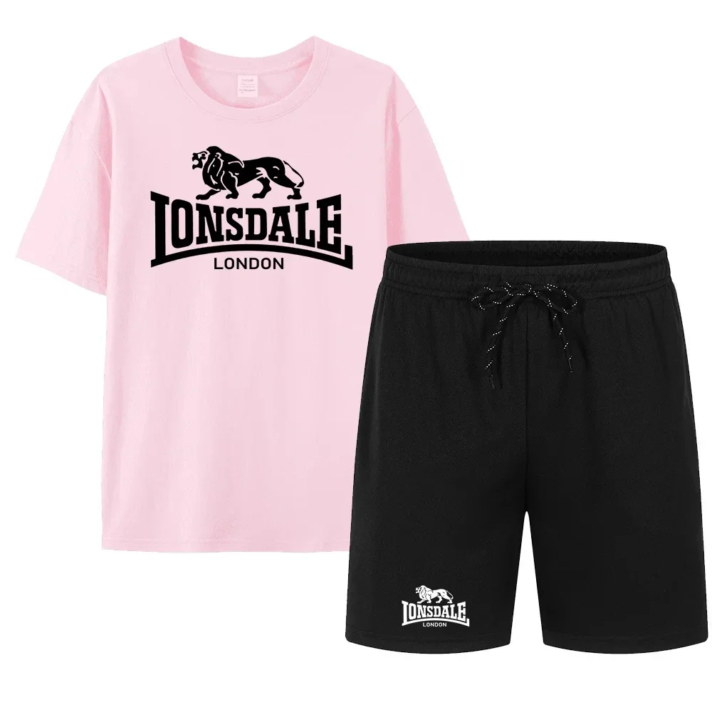 

LONSDALE Summer Men/Women Couple Set Sportswear Pure Cotton T-shirt+Sports Breathable Shorts Set Men's Jogging Pants