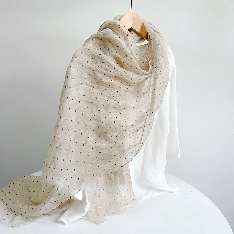 Japanese Style Dew-Retted Linen Polka Dot Scarf, Natural Raw Color, Thin Breathable Sunscreen Shawl, Neck Wrap for Women