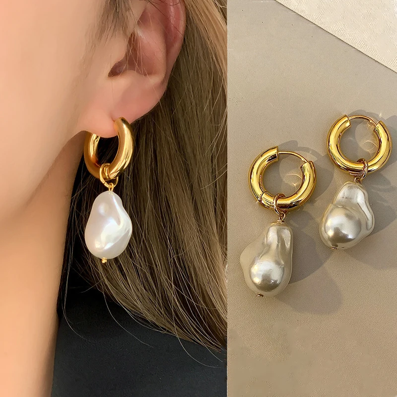 New Vintage Circle Drop Earrings Baroque Pearl Earrings Gold Color Round Earclip Women Temperament Elegant Jewelry Party Gifts