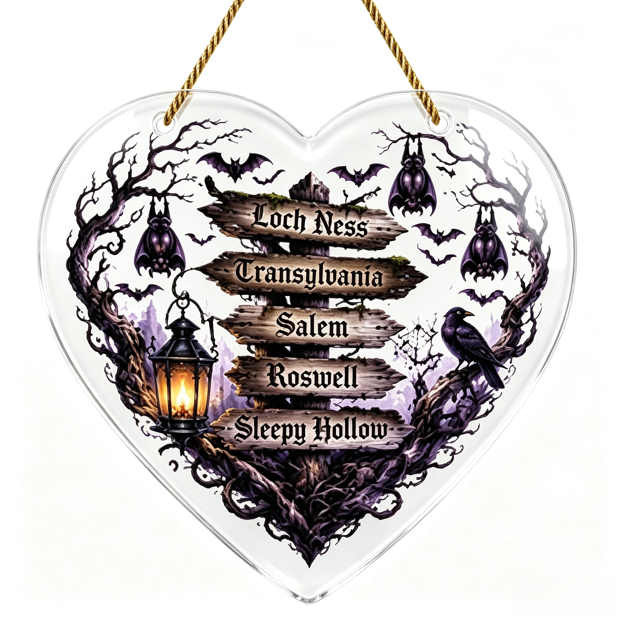 Gothic Spooky Locations Heart‑Shaped Acrylic Hanging Ornament Bat Crow Lantern Halloween Wall Decor Gift