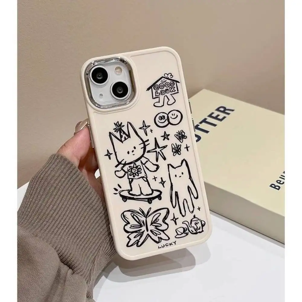 Cartoon Sketch Doodle Animal Lcuky Cat Butterfly Soft Cover Case For iPhone 15 14 13 12 Pro Max 7 8 Plus X XR XS Shockproof Case