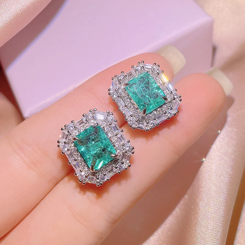 Classic Fashion 925 Silver Jewelry Set Emulates Paraiba Geometric Square Gem Necklace Light Luxury Birthday Anniversary Jewelry