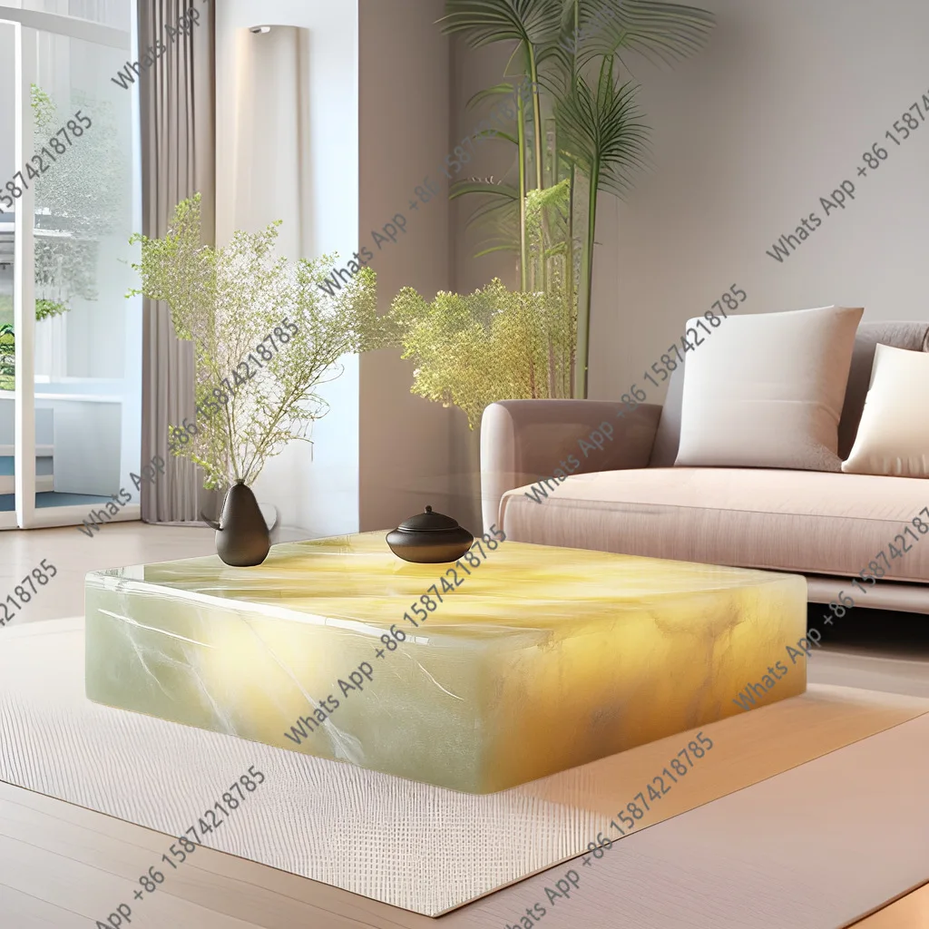 

Large flat jade coffee table luminous luxury stone square marble natural light luxury new Chinese high-end villa cream wind