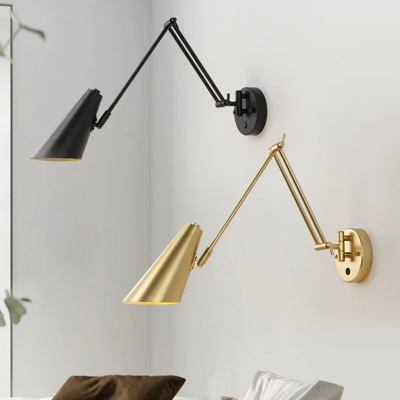 Bedroom bedside wall lamp, rfoldable retro long arm lamp
