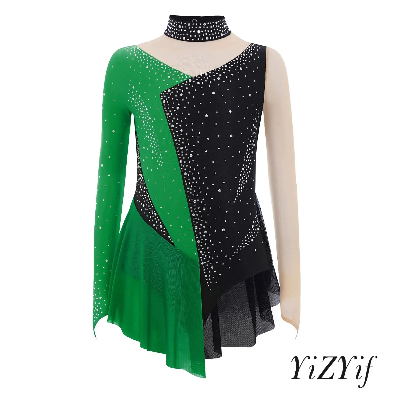 

Girls Ballet Jazz Dance Dress Rhythmic Gymnastics Lyrical Leotard Sparkly Rhinestone Sheer Mesh Patchwork Long Sleeve Bodysuit