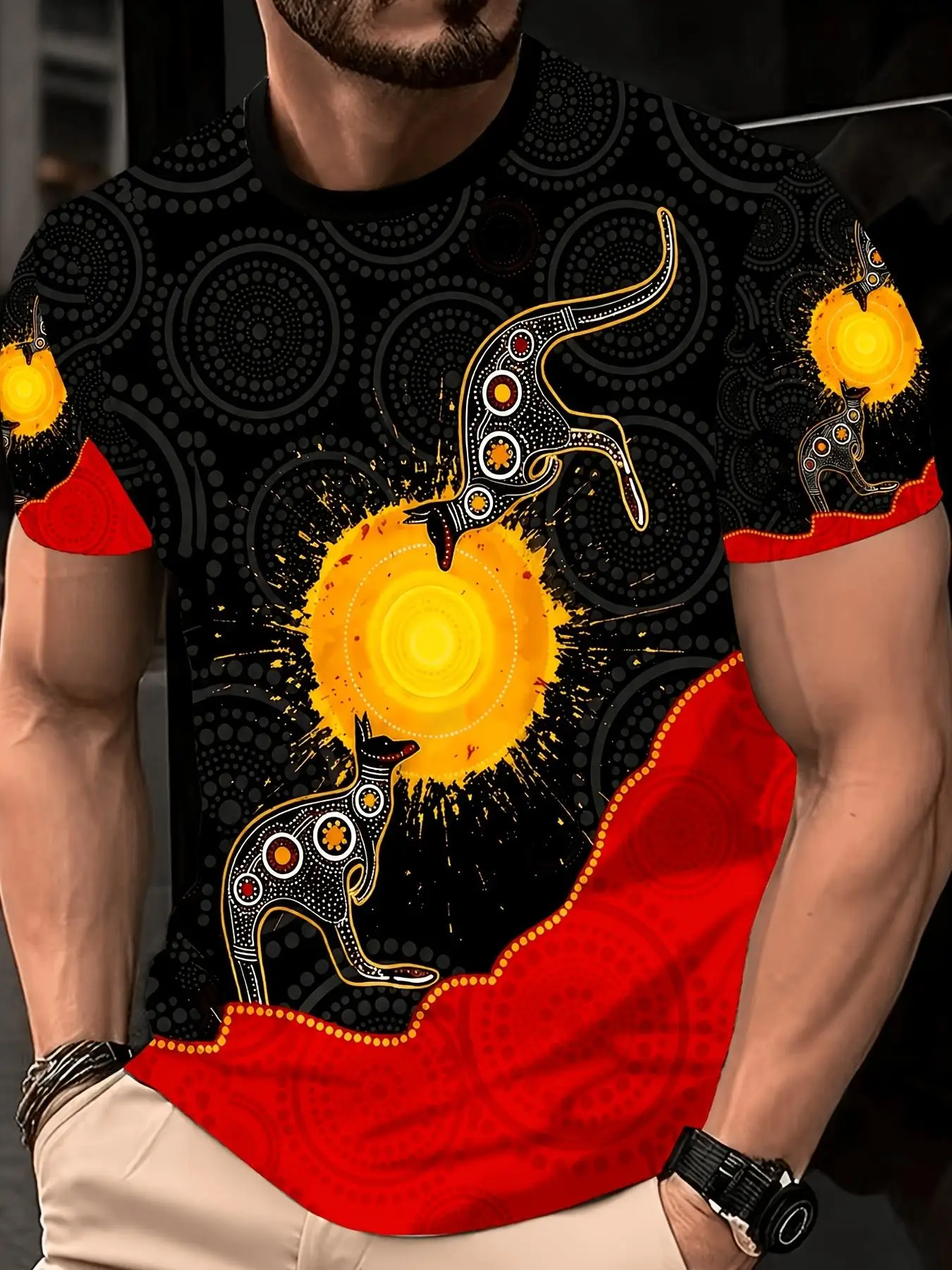 Men's Aboriginal Kangaroo Sun Dot Print T Shirt Australian Tribal Ethnic Pattern Short Sleeve Casual Top