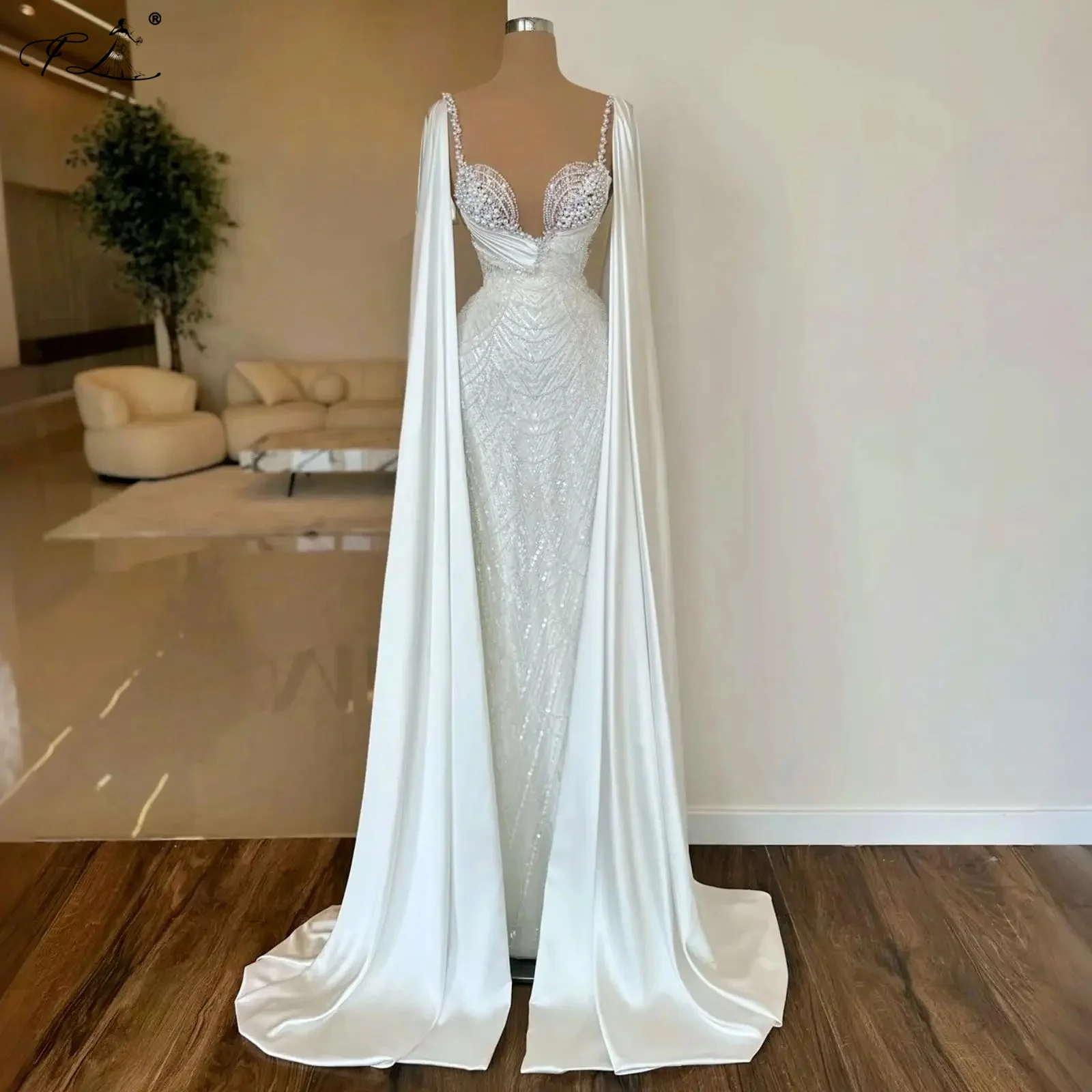 Perlen-Neckholder-Abendkleid, Meerjungfrau-Kleid mit Schal, Pailletten, langes Ballkleid, Hochzeitsbankett, elegante Abendkleider