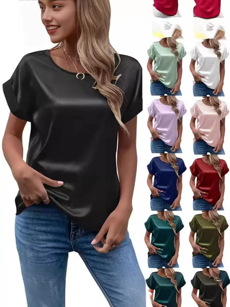 

Nice Women's Clothing Fashion T-Shirts Tops 2025 Summer OL Temperament Color Ding Pullover Round Neck Straight Tube Women's T-sh