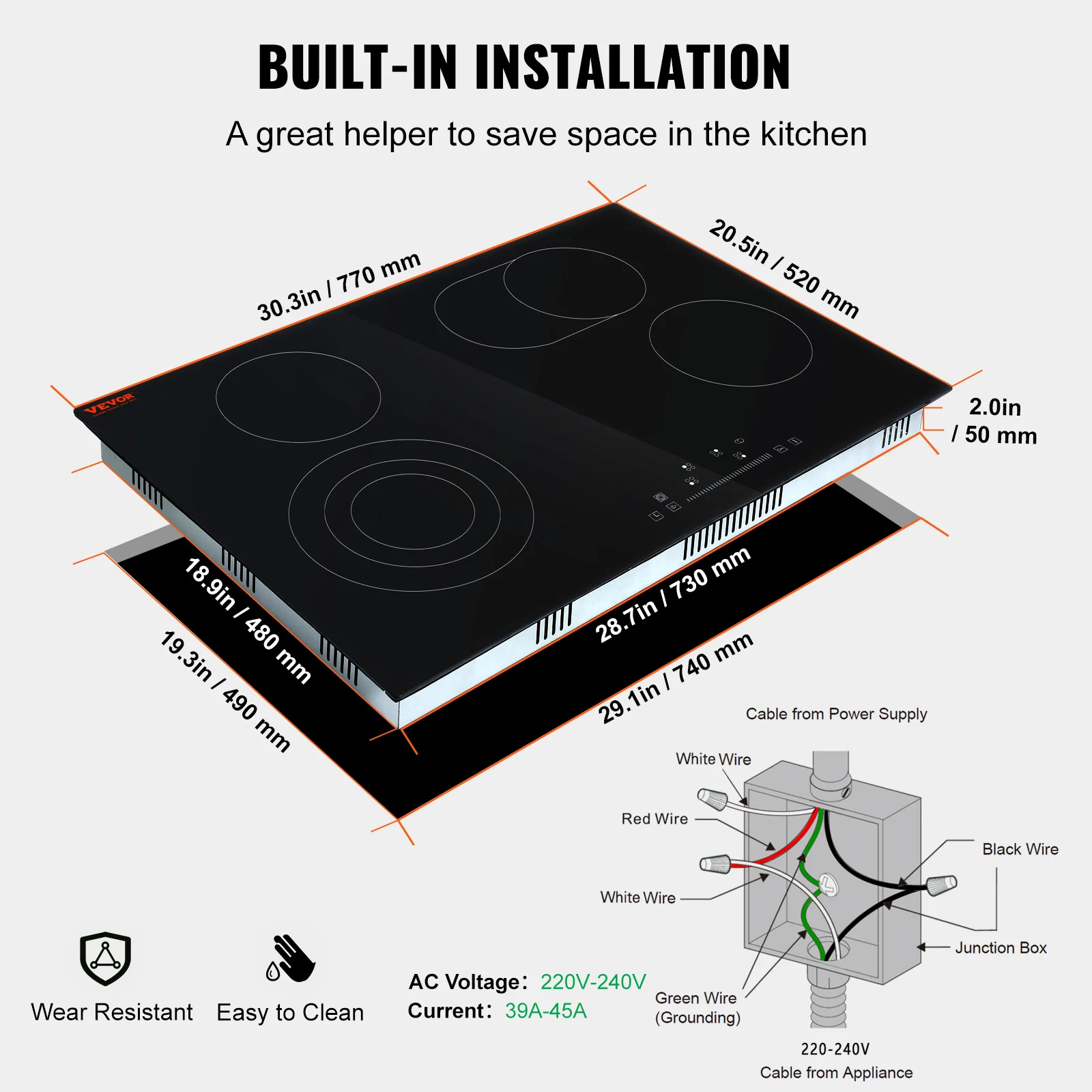 VEVOR-estufa eléctrica integrada, encimera de 30,3x20,5 pulgadas, 4 quemadores, encimera radiante de vidrio de 240V con Sensor de Control táctil, temporizador y bloqueo infantil