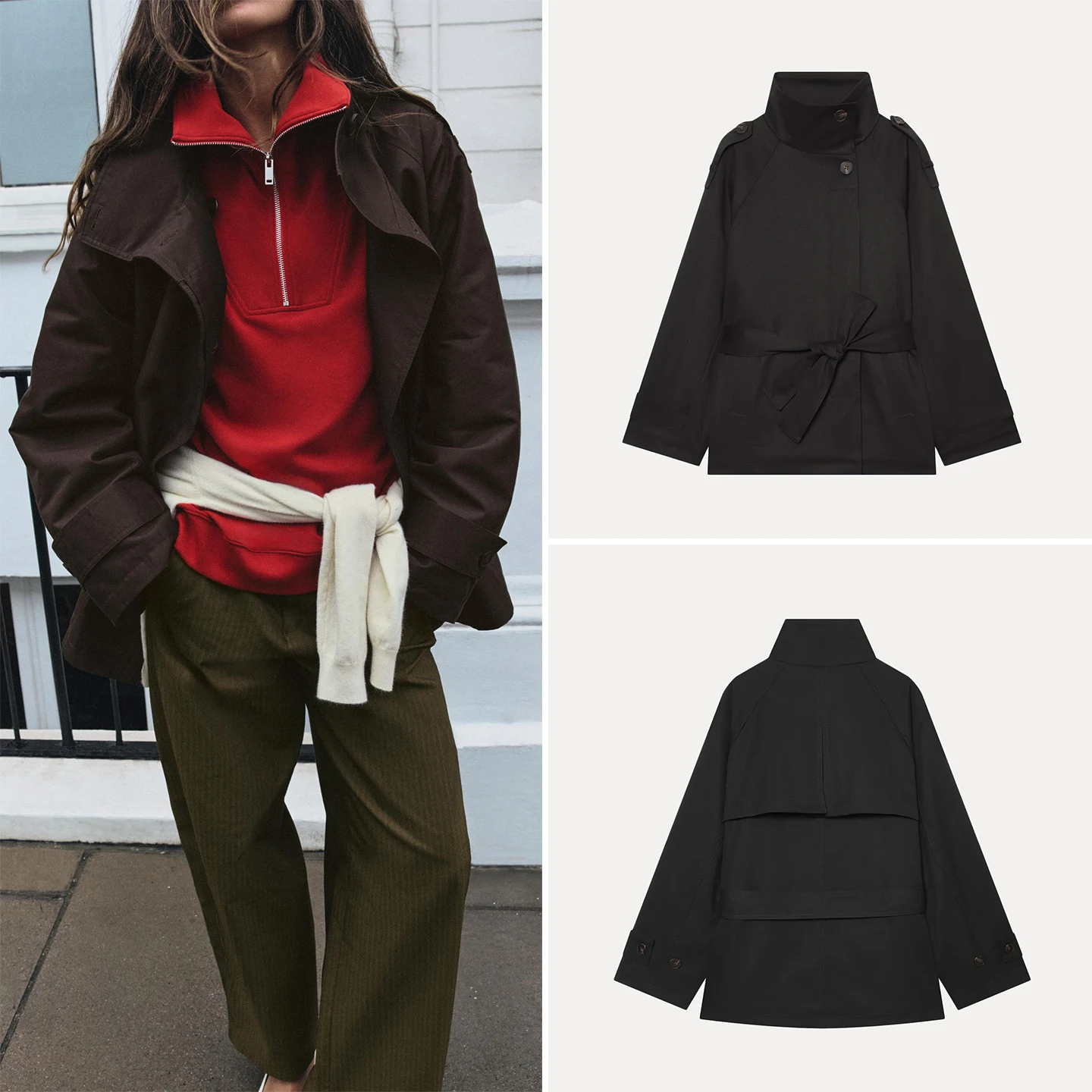 Women's Long Sleeve Stand Collar Windbreaker Coat with Waist Belt Double Breasted Outerwear Standard Fit Autumn New Arrival