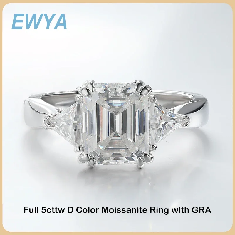 EWYA GRA Certified 5cttw Full D Color Moissanite Ring Emerald Triangle Cut Diamond Band For Women S925 Silver Wedding Rings Gift