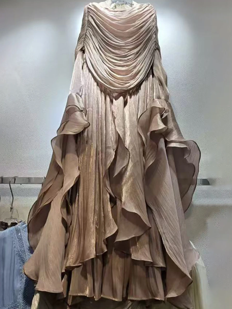 VGH Elegant Luxurious Cream Wedding Guest Dress for Women High Neck Draped Shoulder Flowy Ruffled Hem Midi Formal Evening Gown