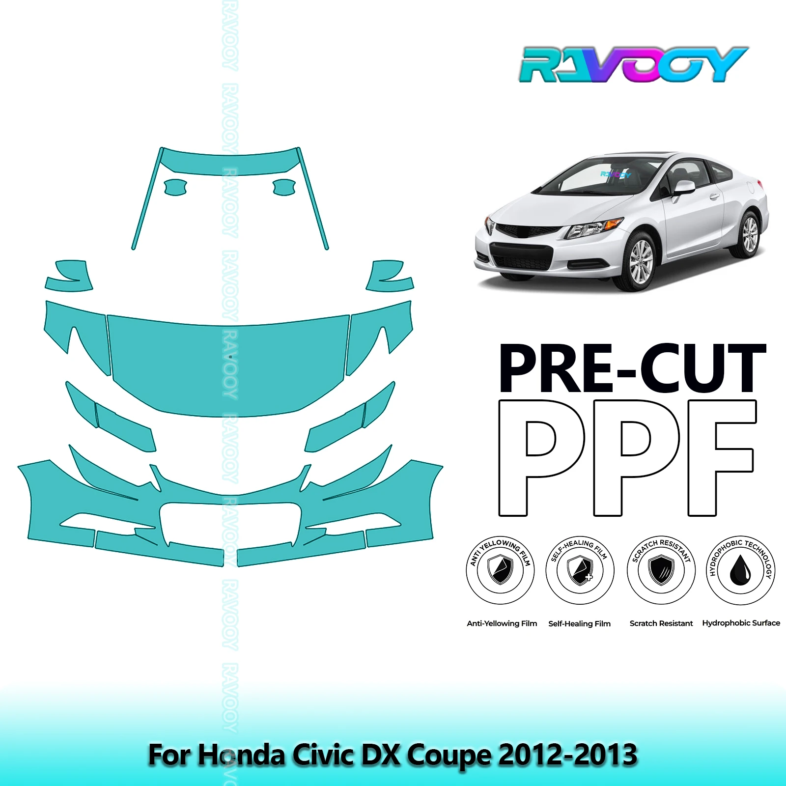 For Honda Civic DX Coupe 2012-2013 Partial Front 8.5Mil Pre-Cut Paint Protection Film PPF Stone Chip Kit | Clear/Matte/Black