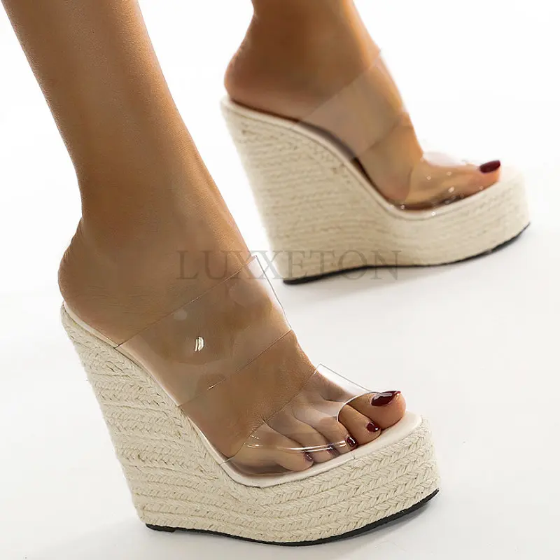 Summer PVC Transparent Peep Toe Cane Straw Weave Platform Wedges Slippers Sandals Women Fashion High Heels Female Shoes