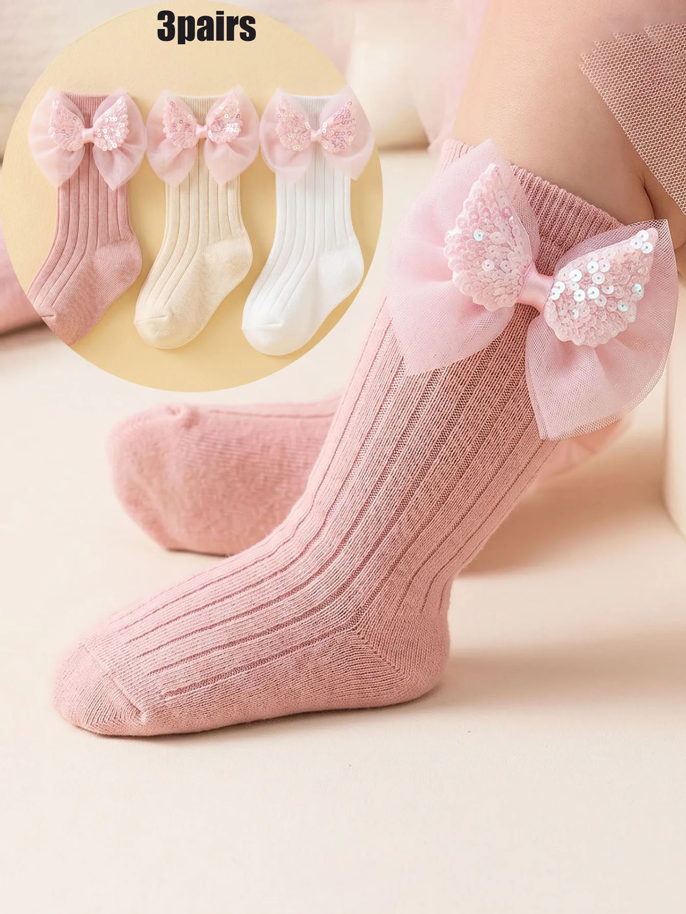 3Pairs Baby Girls Mid Crew Socks 3-24M, Cute Pink Bow Wing Decor Soft Breathable Multi Color Infant Socks