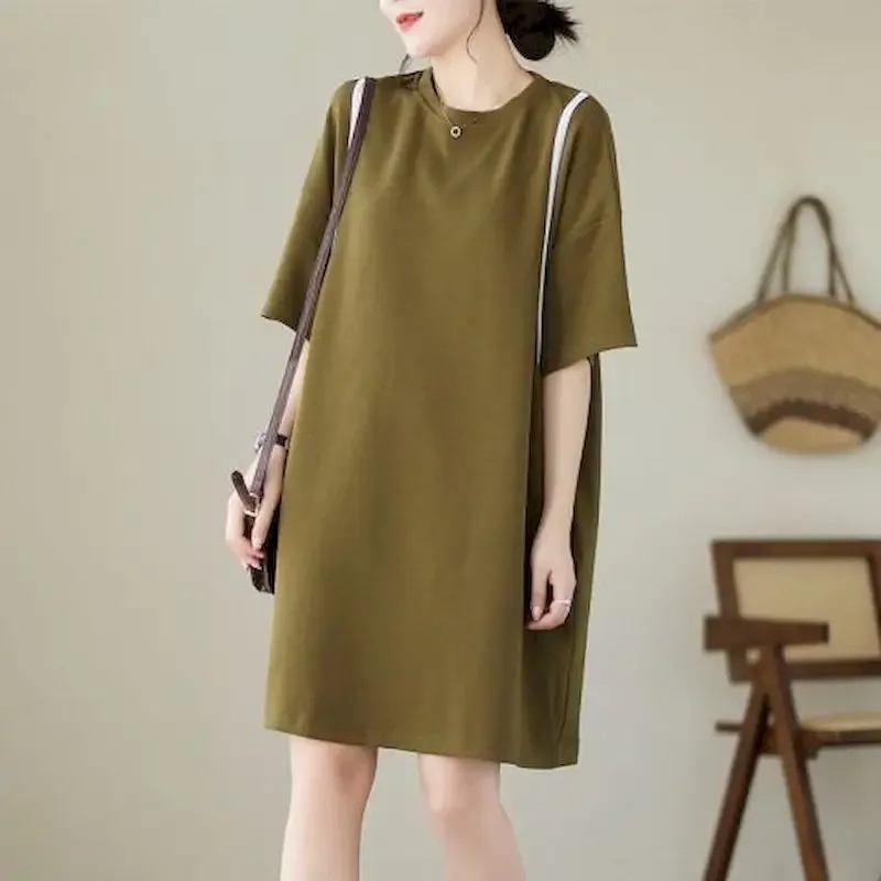 Coreano solto vestido feminino moda retalhos camiseta vestidos casuais manga curta vestido de grandes dimensões verão tendência roupas estéticas