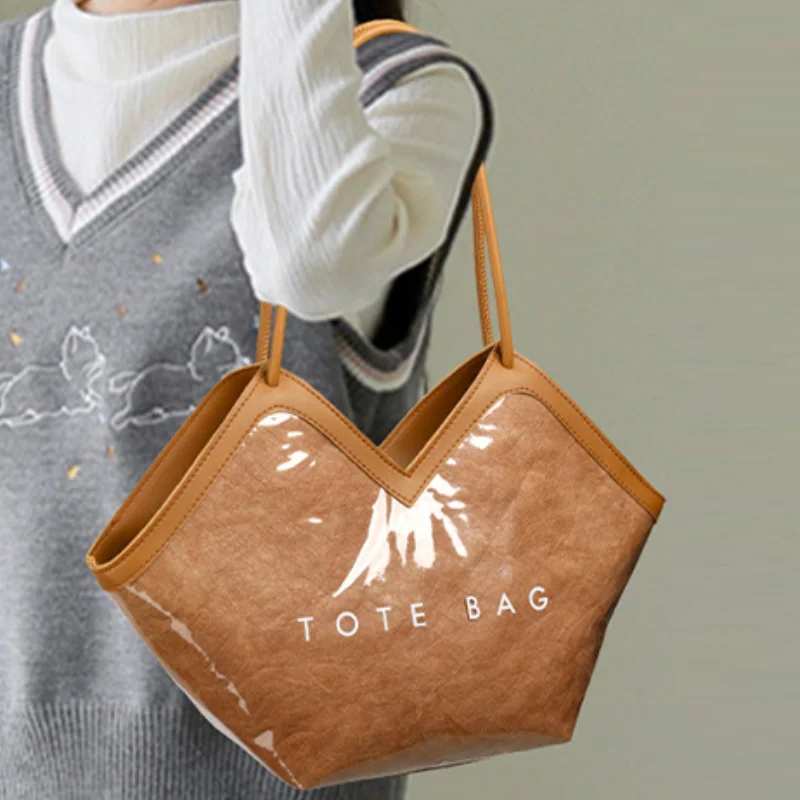 

Pvc Transparent Shoulder Bag Fashion Solid Color Kraft Paper Leisure Large Capacity Handbag Versatile Print Female Underarm Bag