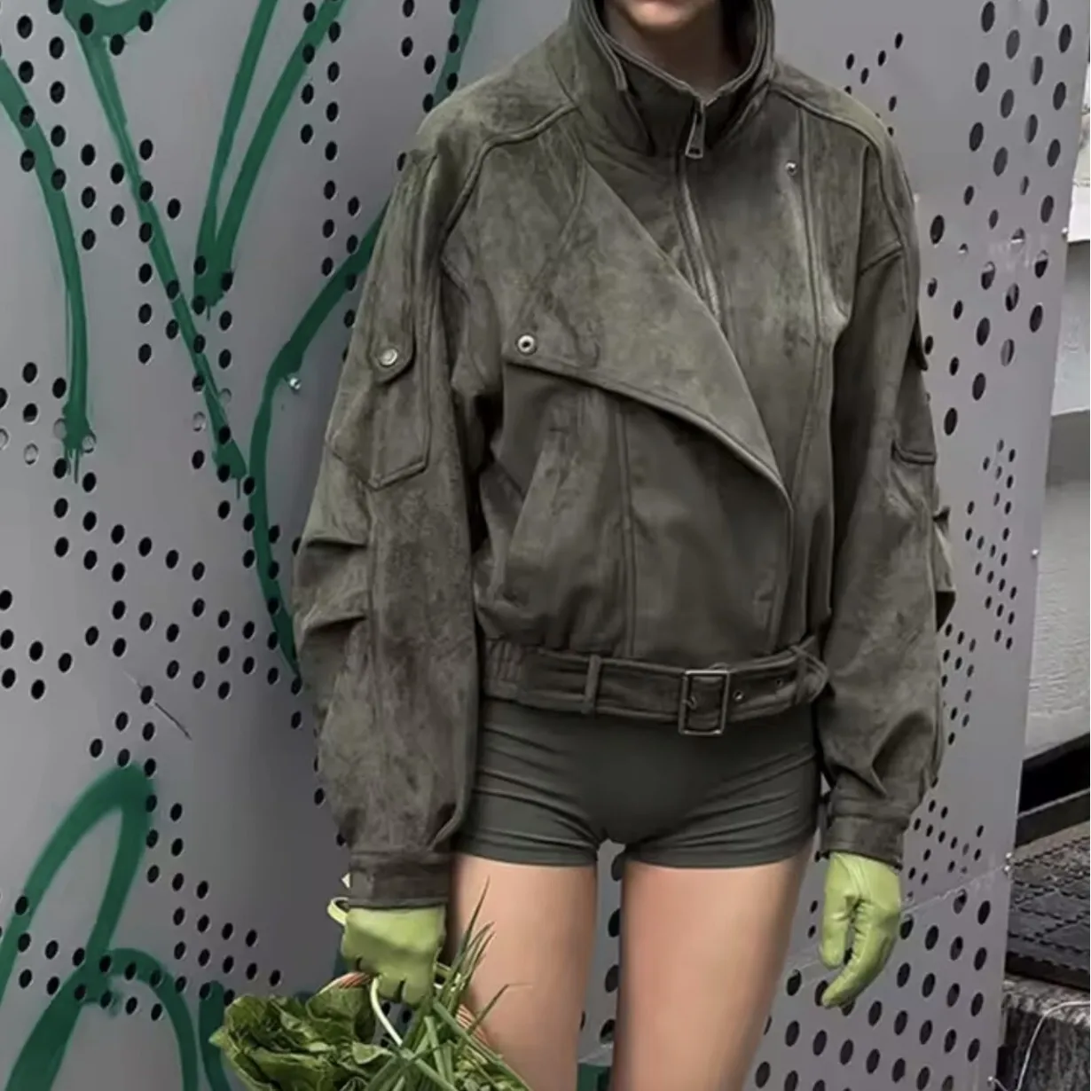 BJTZ المرأة موضة عادية شخصية الشارع دراجة نارية سترة معطف قصير 2025 ربيع الخريف جديد بلون أبلى #3