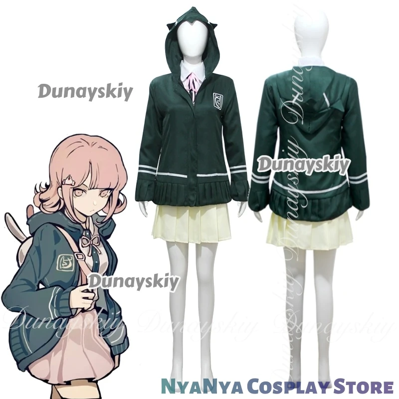 Danganronpa II: Trigger Happy Havoc Anime Nanami ChiaKi Cosplay com peruca curta com saia jaqueta verde Cosplay ktaTerno completo