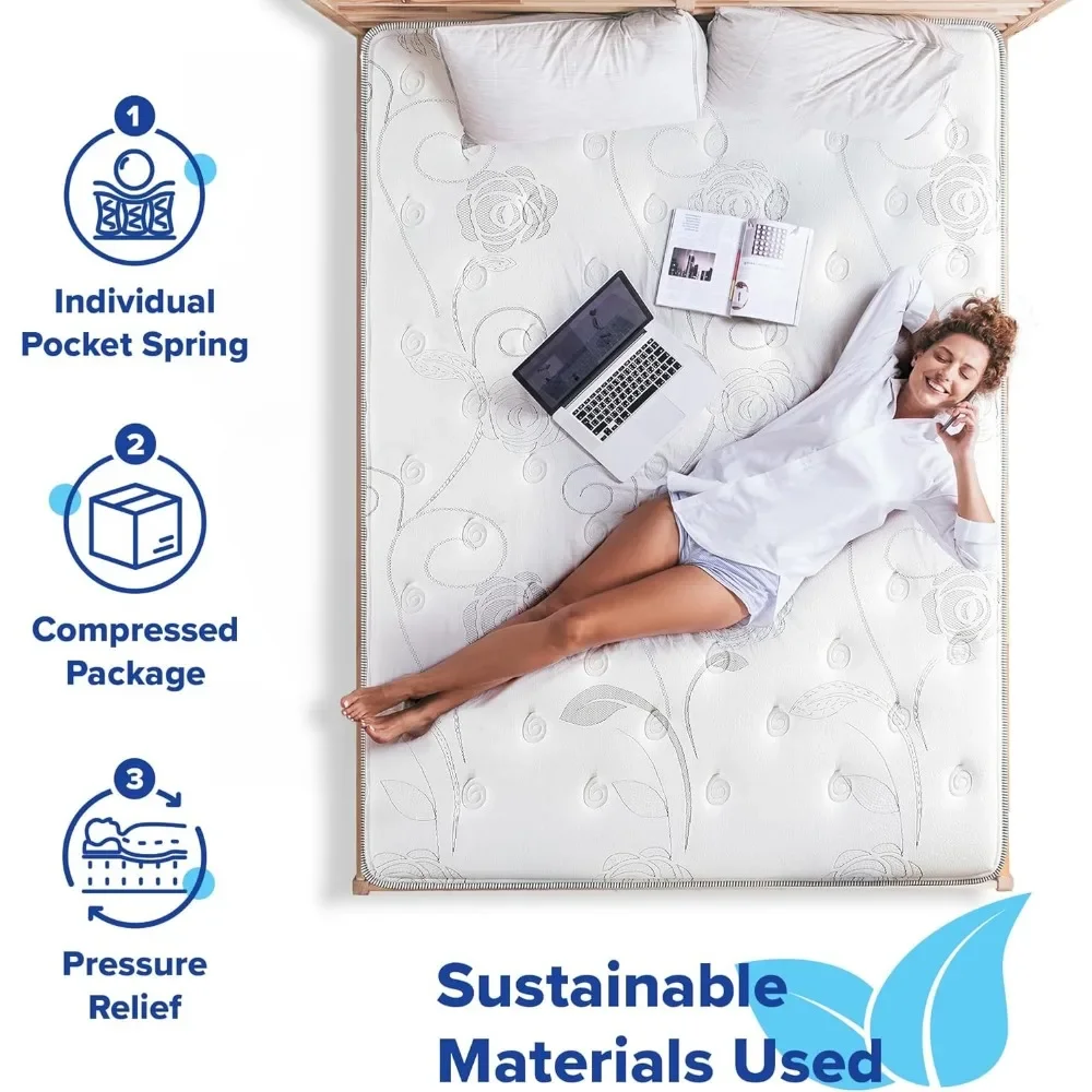 Queen Mattress, 10 Inch Support Cloud Hybrid Mattress, Gel Infused Memory Foam, Pocket Spring for Support and Pressur Relief