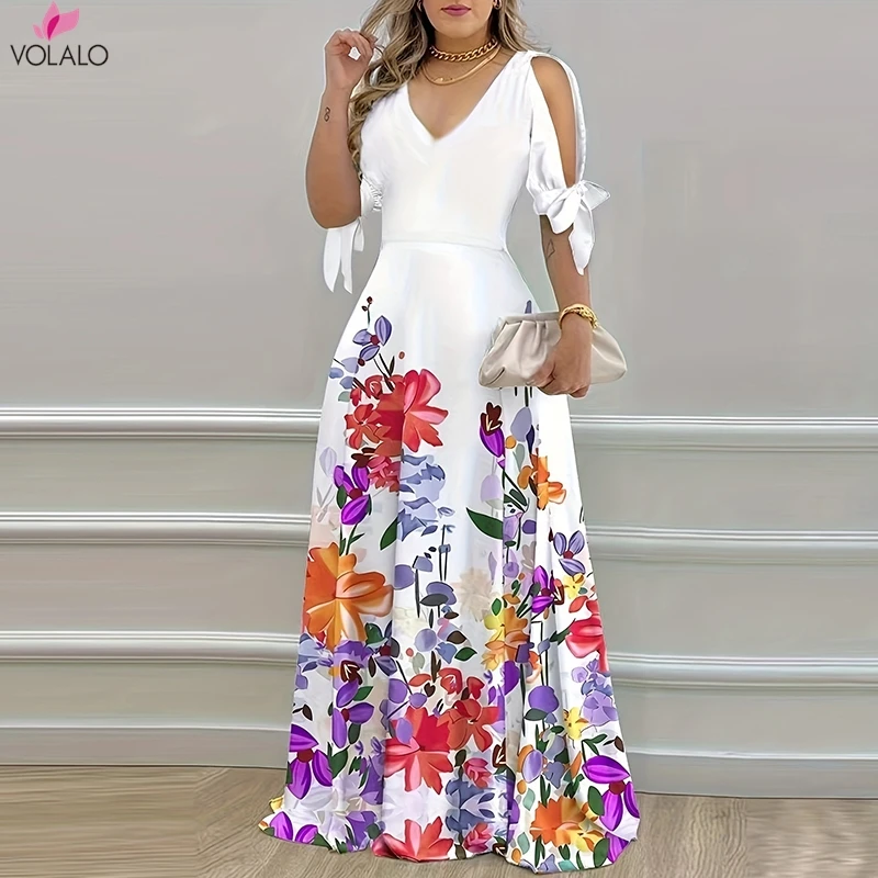 

VOLALO Summer Elegant Women Sexy V Neck Bohemian Long Dress Floral Print Party Dress Tie-up Short Sleeve Hollow Maxi Dresses