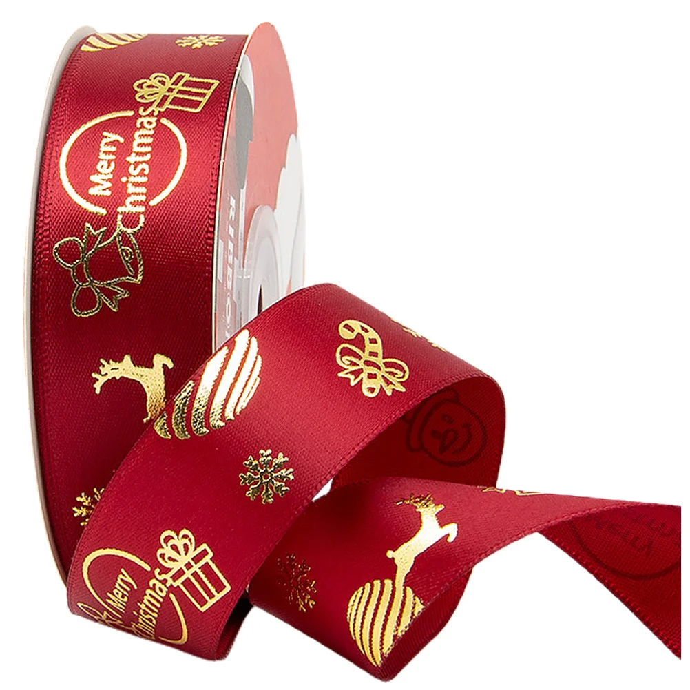

1pcs 1 Roll Premium Polyester Hot Stamping Christmas Ribbon For Gift Packaging Diy Decoration Wine Bottle Ornaments Party Supply