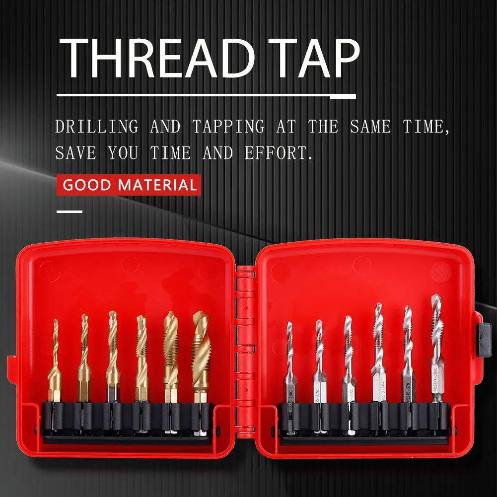 

Screw Taps Tool Set, 12pcs M3-M10 Hex Shank Titanium Plated HSS Screw Thread Metric & Inch Tap Drill Bits