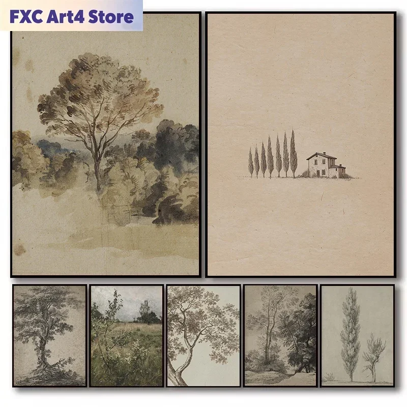 Póster de lienzo sin marco, estilo vintage minimalista, paisaje de árbol de granja toscana, boceto botánico, cuadros artísticos