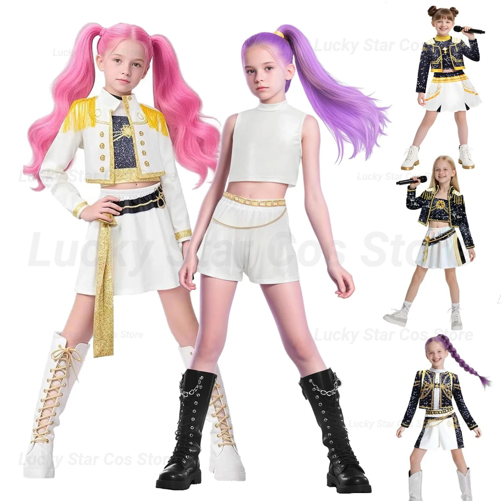 

Kids K-Pop Demon Hunters Mira Rumi Zoey Cosplay Costume Set Girls Uniform Halloween Party Stage 3D Printed Dress Up Suits