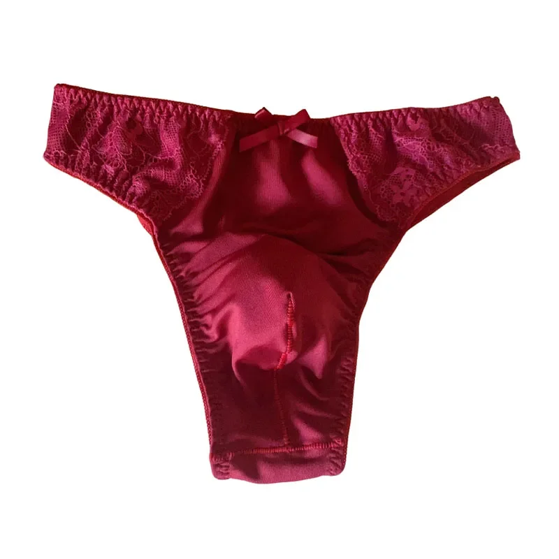 

Man's Red Color Lace Bow Thong Convex Pouch T-back Comfortable Breathable Fit G-string Briefs DJ Club Live Show