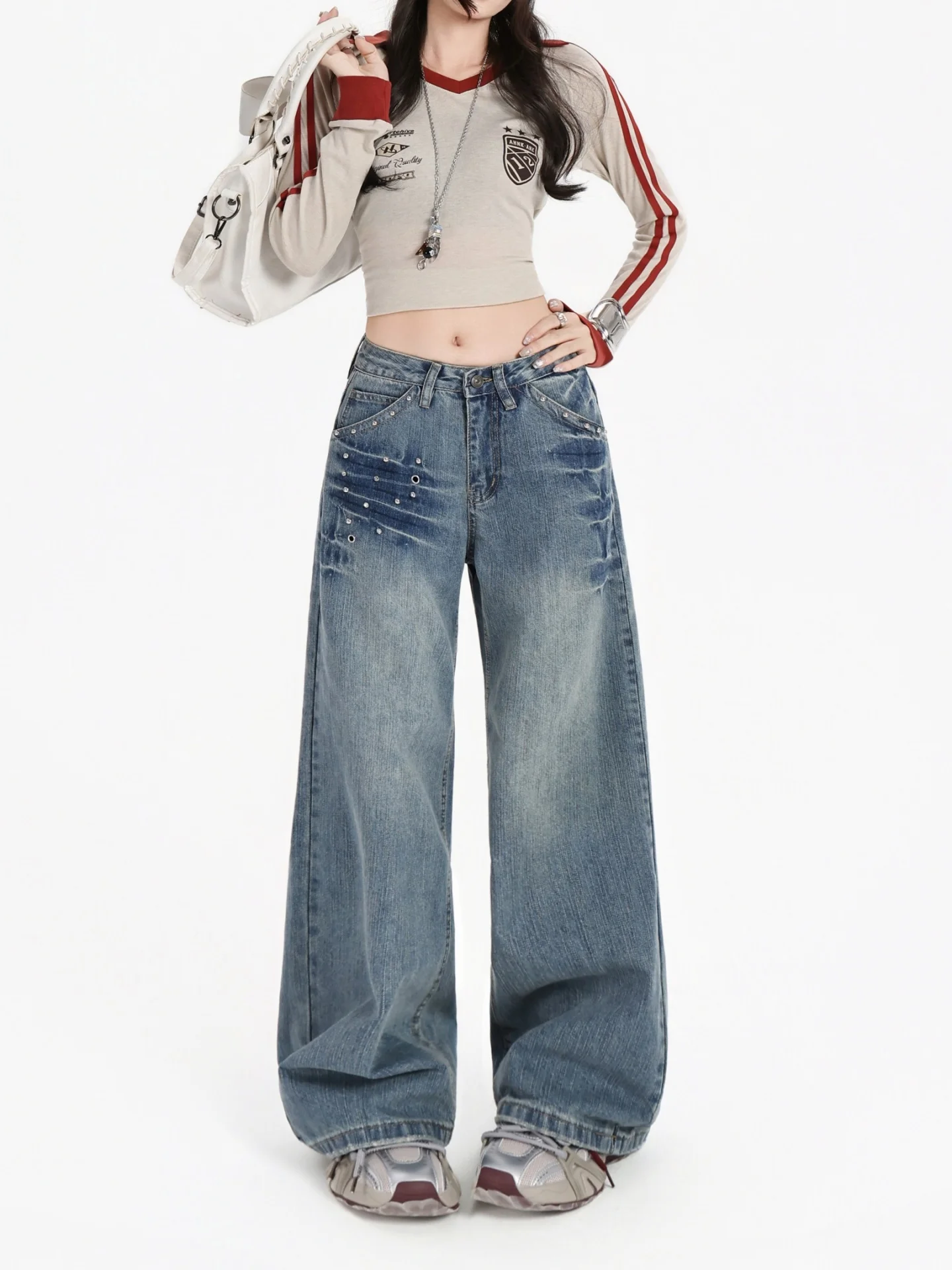 Denim jeans met hoge taille en wijde pijpen Dames herfst winter nieuwe Sle Retro rechte snit vloerlange broek buikbedekking