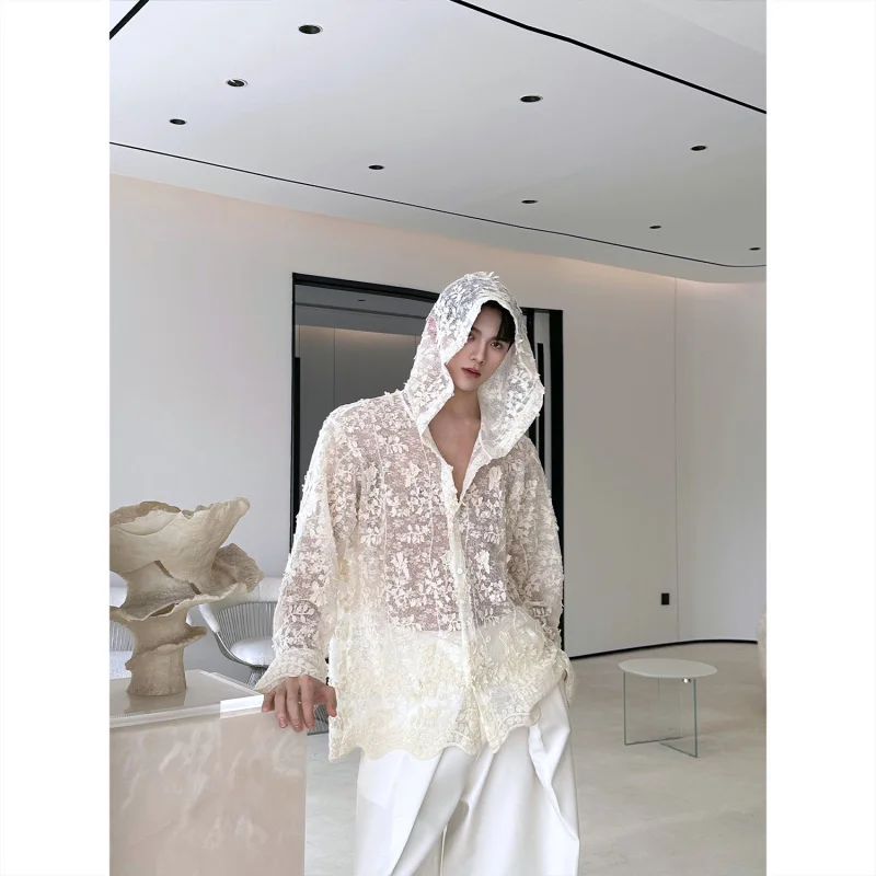 

Embroidered Lace Trim Long Sve Hoodie irt Transparent Semi-Sexy Outerwear for Men And Women Casual Sle Polyester Fiber
